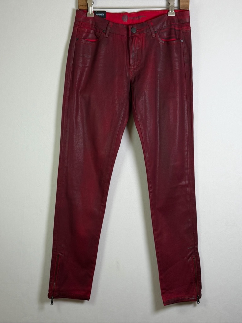 Monarda Women’s Red Wax Coated Skinny Jean Sz 9 Y2K Moto Biker Denim Ankle Zip - Picture 2 of 10